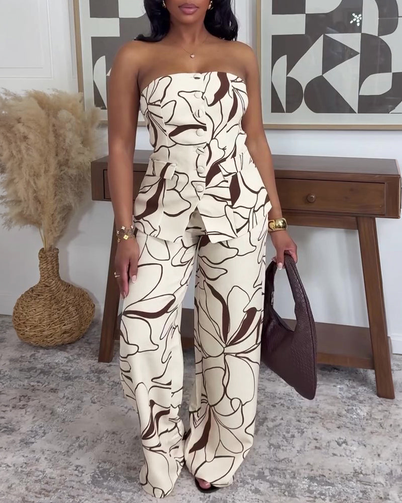 Women's Abstract Print Two Piece Outfits Tube Top and High Waist Wide Leg Pants Set with Detachable Clear Straps - Image 7