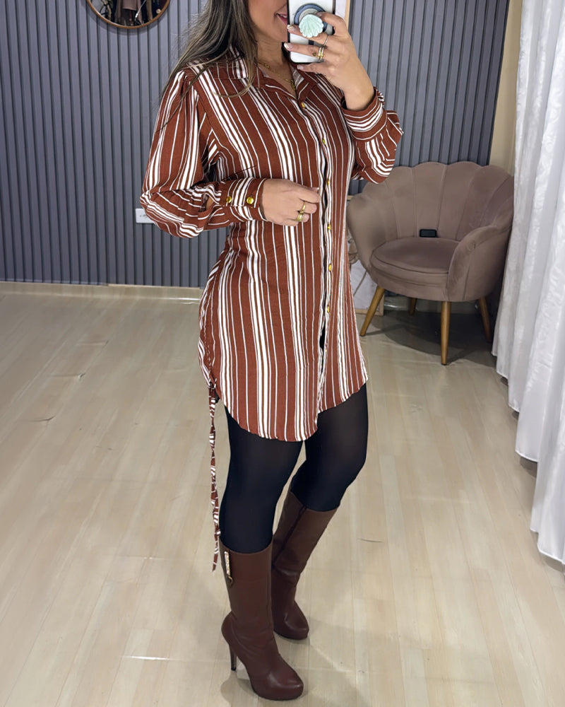 Women's Striped Shirt Dress Button Down Long Sleeve Shirred Waist Casual Dress - Image 3