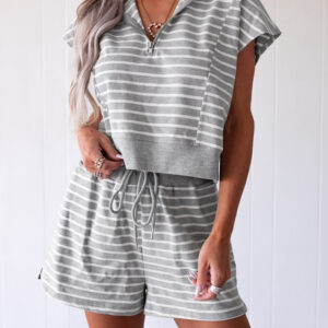 Women's Striped 2 Piece Outfits Half Zip Hooded Crop Top and High Waisted Drawstring Shorts Casual Tracksuit Set