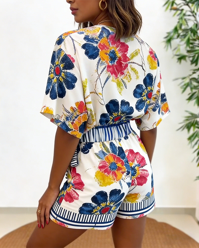 Women's Oil Painting Floral Print Romper V Neck Wrap Knot Side Jumpsuit Half Sleeve Beach Vacation Summer Skorts Romper - Image 2