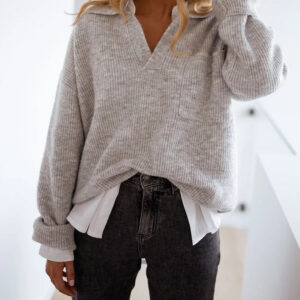 Women's Rib-Knit Polo Sweater V-Neck Collared Long Sleeve Pullover Loose Fit Drop Shoulder Top