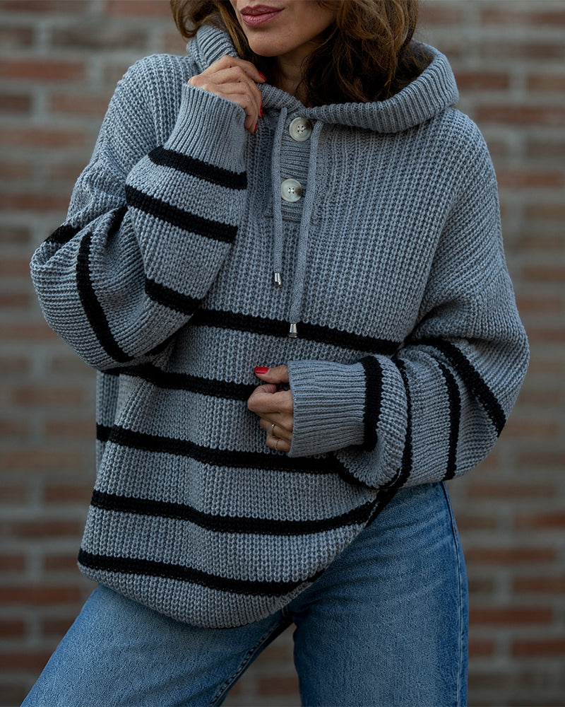 Women's Striped Henley Drawstring Hooded Sweater Loose Fit Lantern Sleeve Knit Pullover - Image 18