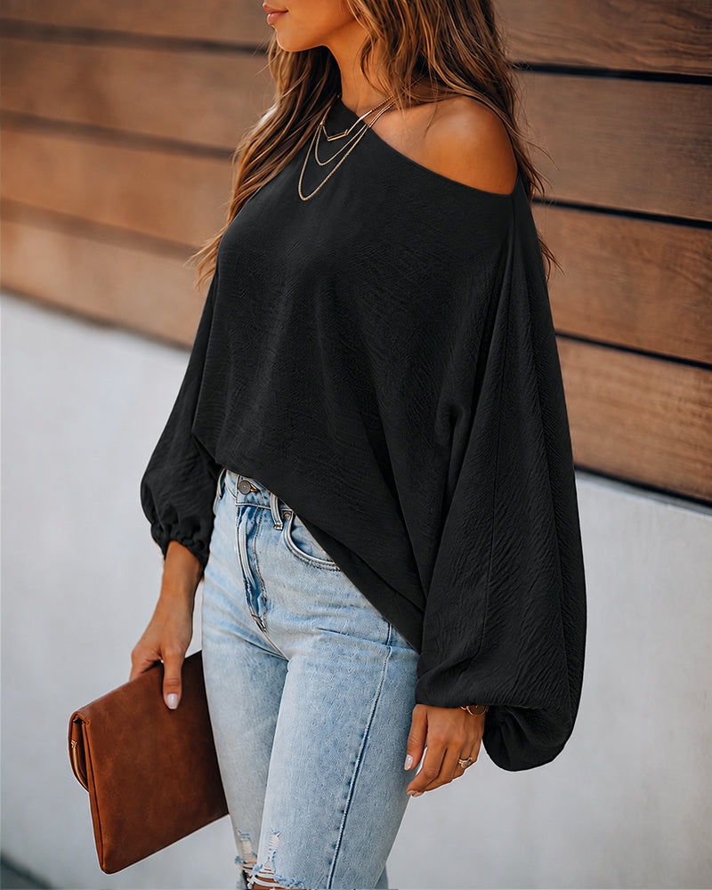 Women's French Style Off Shoulder Blouse Elegant Lantern Sleeve Top Versatile Skew Neck Textured Shirt - Image 10
