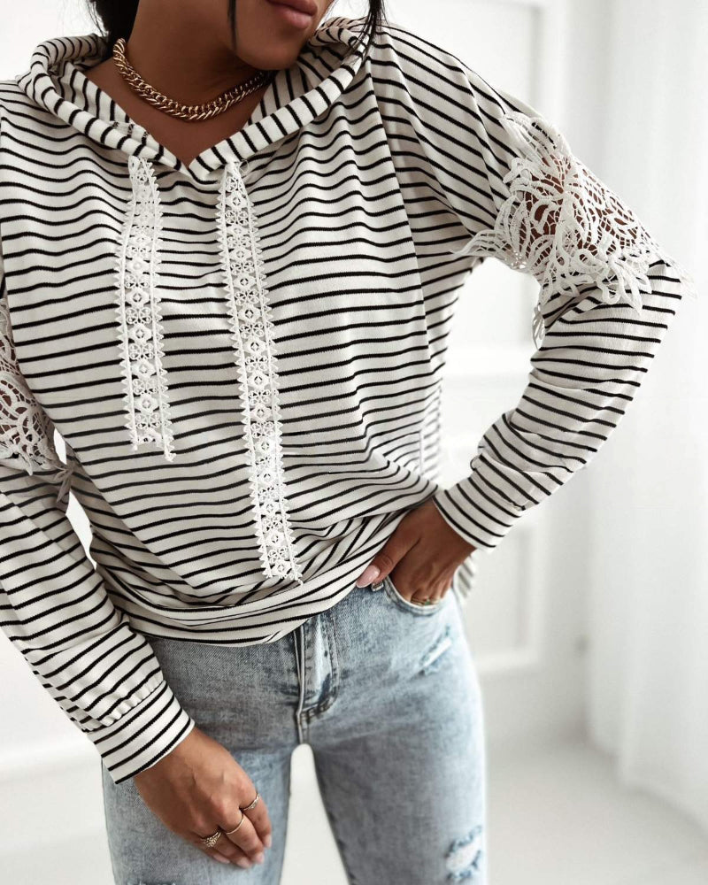 Striped Contrast Floral Lace Patchwork Long Sleeve Pullover Casual Lace Drawstring Hoodie Sweatshirt - Image 6