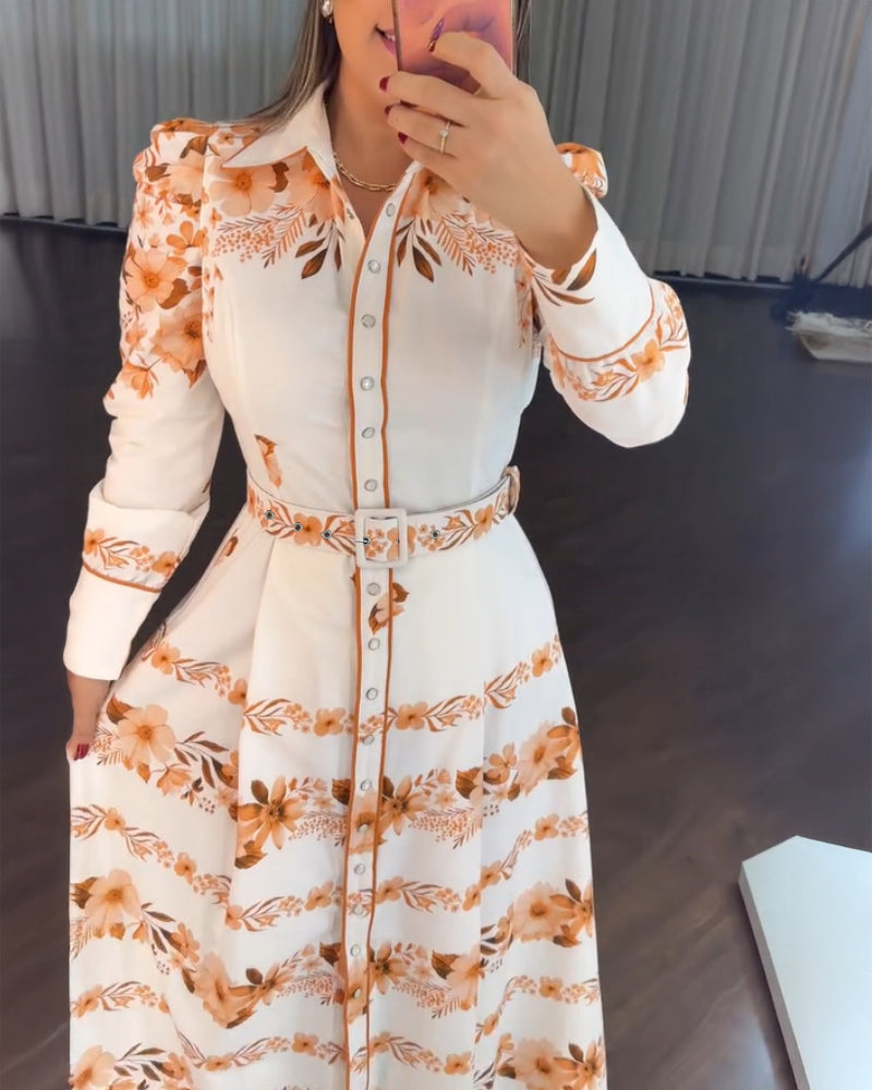 Floral Placement Print Turn-down Collar Puff Sleeve Vacation Dress Casual Button Down Shirt Dress With Belt and Lining - Image 10