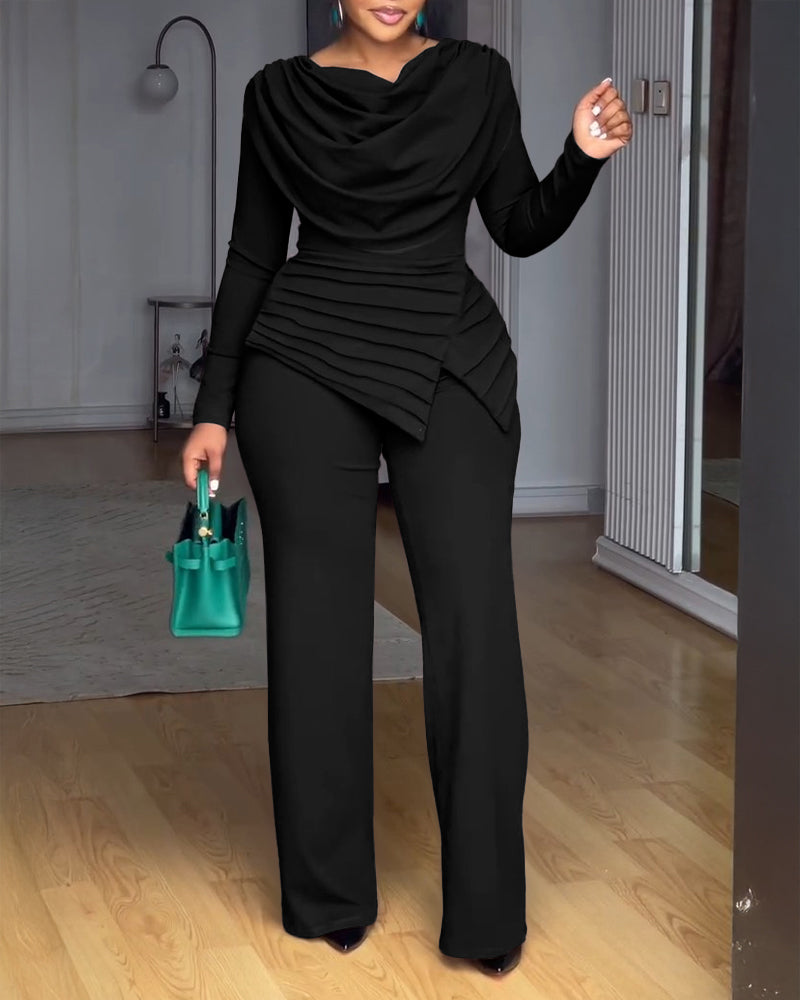 Cowl Neck Asymmetrical Textured Patchwork Cinched Waist Jumpsuit Casual Zipper Back Wide Leg Jumpsuit - Image 13