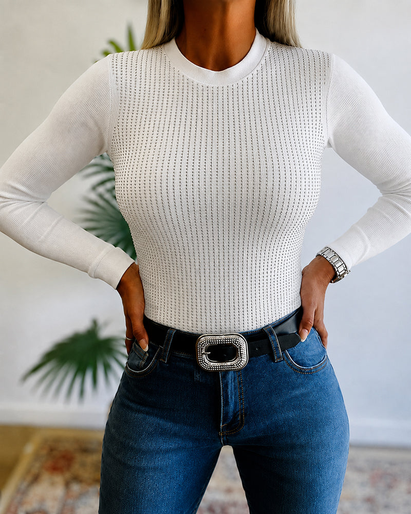 Women's Rhinestone Sparkle Ribbed Long Sleeve Crewneck Top - Image 5