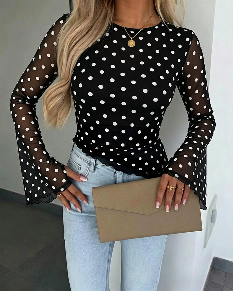 Women's Polka Dot Mesh Top Flare Long Sleeve Boat Neck Lined Asymmetric Frill Hem Blouse Vintage Party Shirt - Image 22