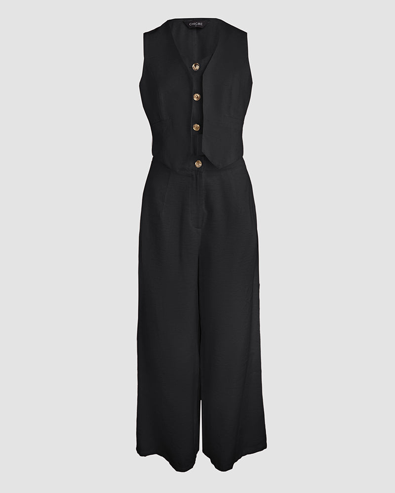Women's Two Piece Outfits Faux Two Piece Sleeveless Crop Top and High Waisted Wide Leg Pants Elegant Matching Suit - Image 15