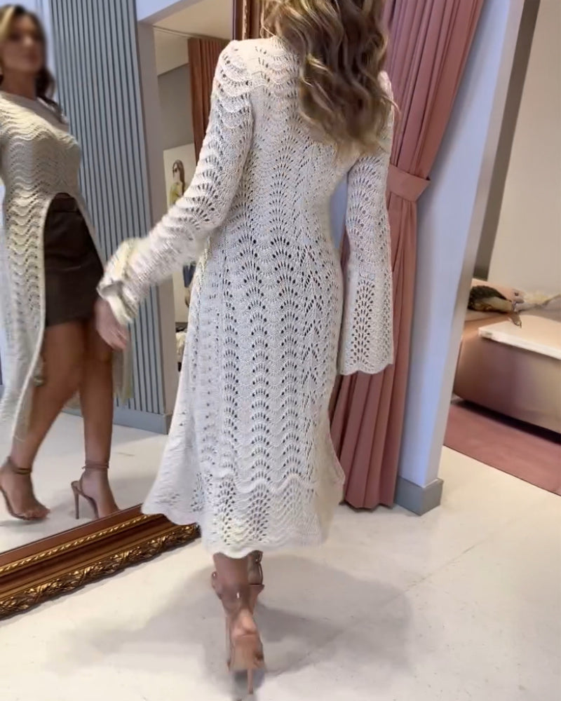 Round Neck Asymmetrical Hem Hollow Out Knitted Sweater Casual Scallop Trim Bell Sleeve Top - Image 4
