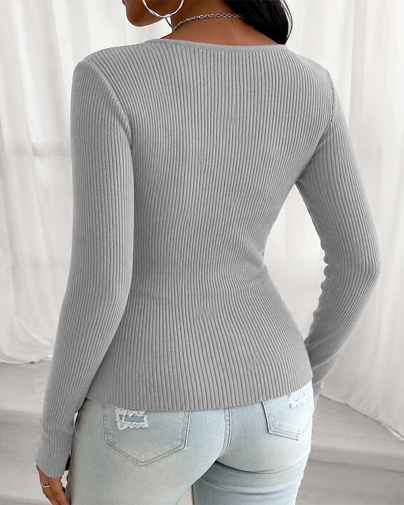 Women's Overlap V Neck Long Sleeve Ribbed Knit Top Rhinestone Side Button Ruched Slim Fit Asymmetric Hem Sweater - Image 17