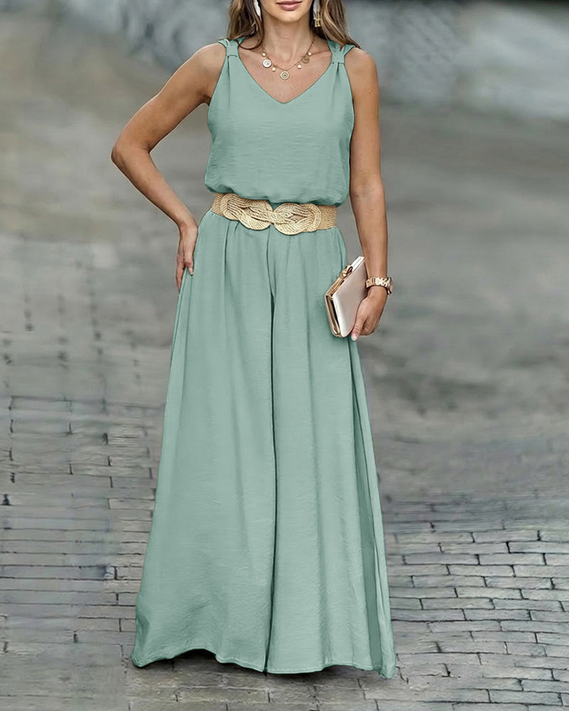 2 Pieces Outfit V-Neck Shoulder Bowknot Design Sleeveless Tank Top and Casual Zipper Fly Elastic Back Waist Wide Leg Pants Set without Belt - Image 8