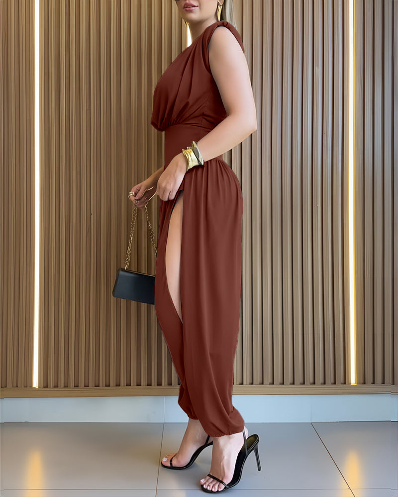 Padded Shoulders Sleeveless Cinched Waist Side High Slit Overalls Casual Hollow-out Back Ruched Jumpsuit - Image 11