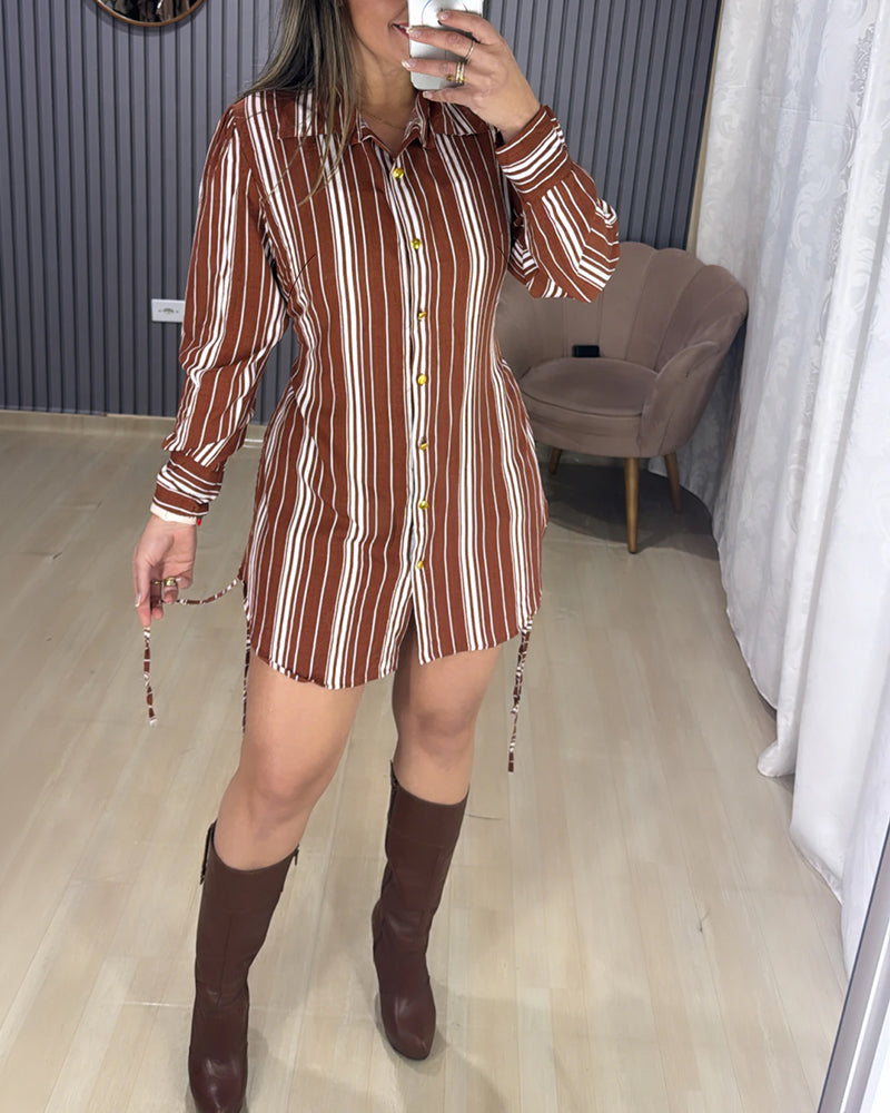Women's Striped Shirt Dress Button Down Long Sleeve Shirred Waist Casual Dress - Image 5