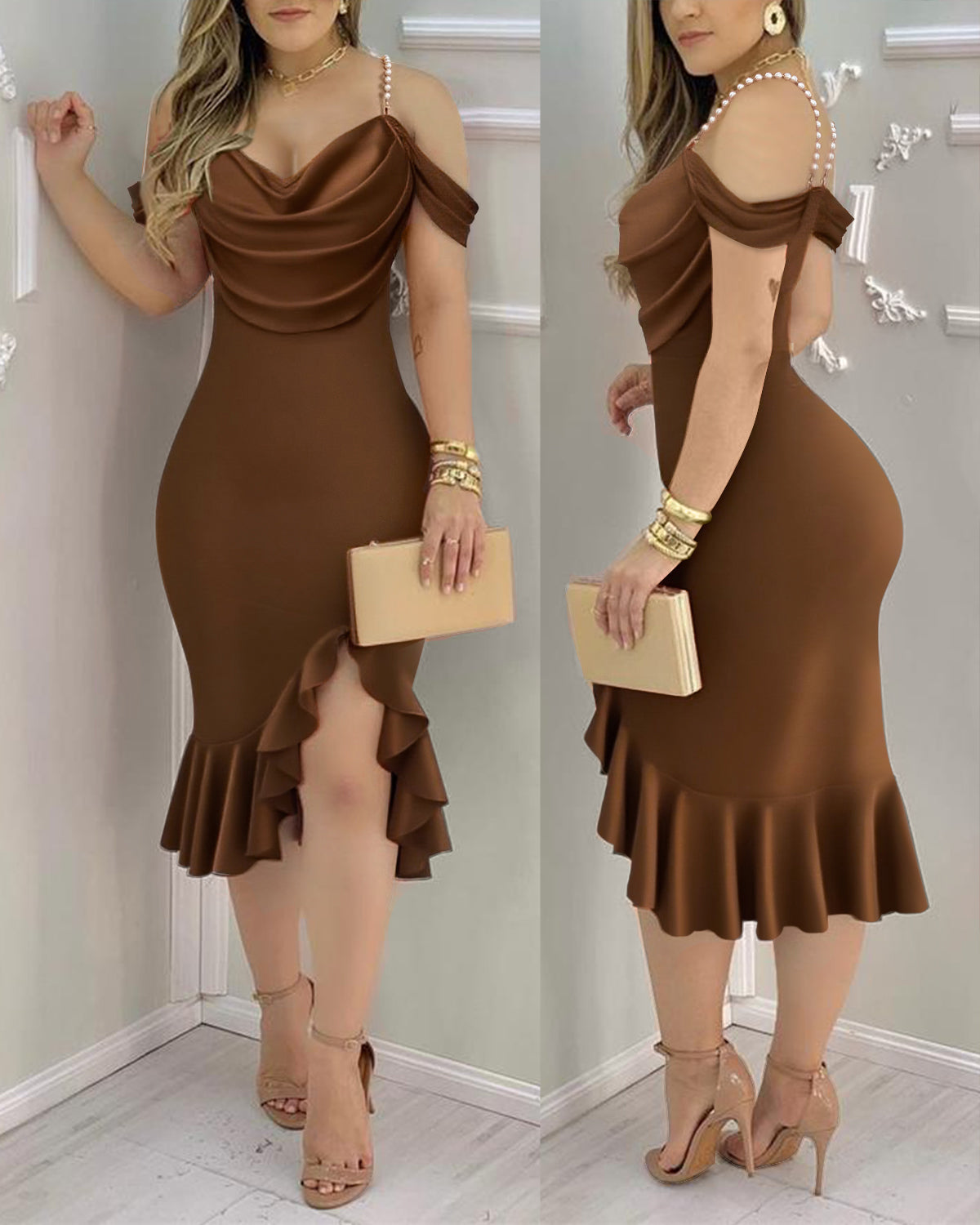 Women's Cold Shoulder Adjustable Pearls Straps Bodycon Dress Cowl Neck Asymmetrical Ruffle Hem Party Dress - Image 28