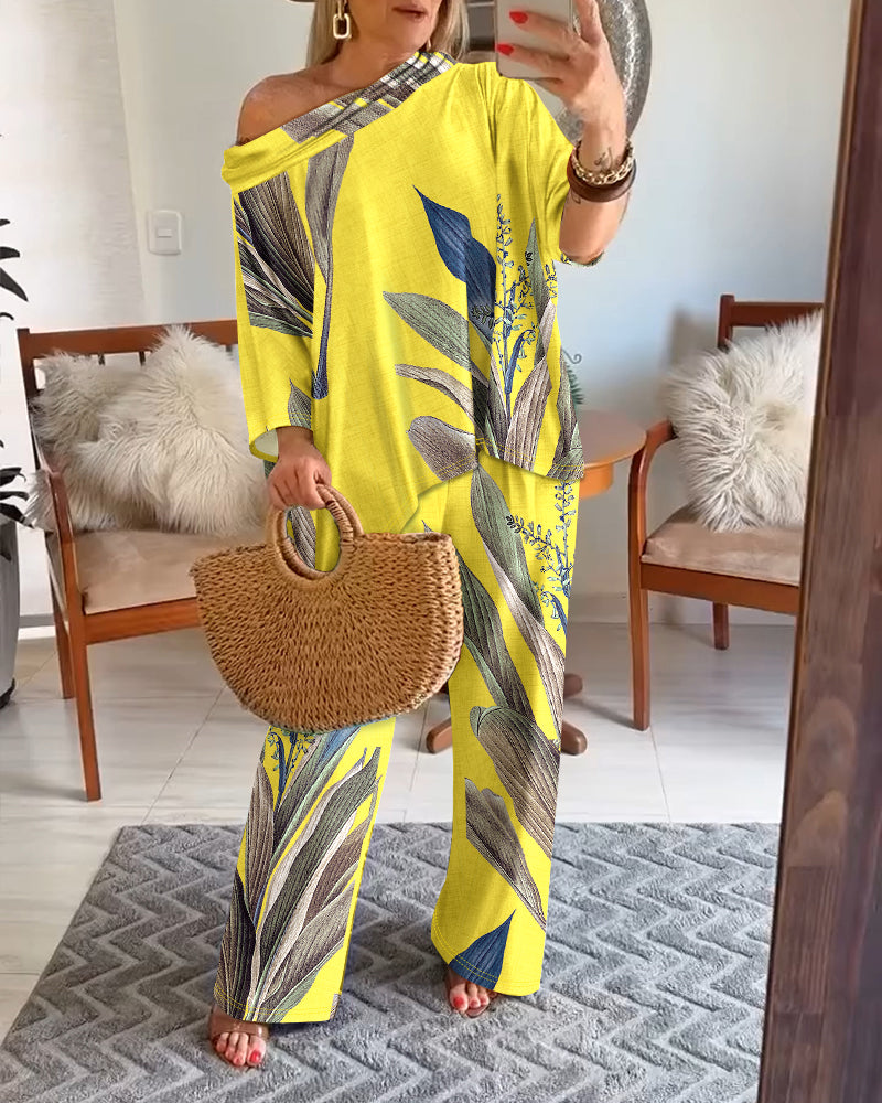 2 Pieces Outfit Plants Print Cold Shoulder Batwing Sleeve Top and Casual Wide Leg Pants Set - Image 15