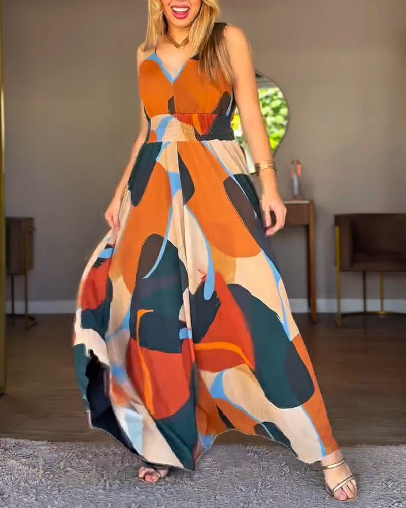 Abstract Print V-Neck Stretchy Thick Straps High Waist Backless Overalls Casual Shirred Waist Cinched Waist Wide Leg Jumpsuit - Image 4