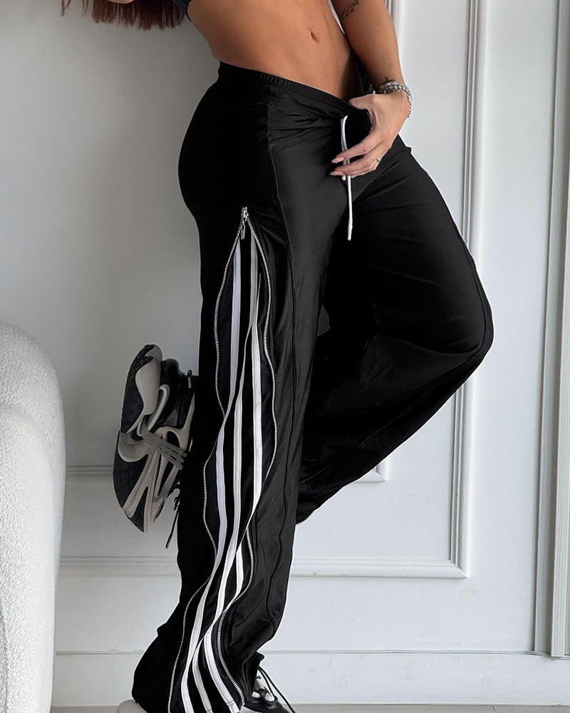 Contrast Side Striped & Zipper Slit Side Drawstring Elastic Waist Trousers Casual Wide Leg Pants - Image 14