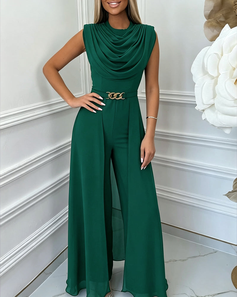 Women's Cowl Neck Wide Leg Jumpsuit High Waist Sleeveless Chiffon Overlay Spliced Evening Overalls with Belt - Image 13