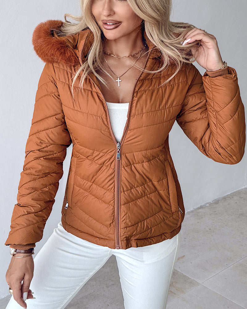 Zipper Pocket Design Shirred Fuzzy Trim Fleece Lined Hooded Puffer Jacket - Image 5