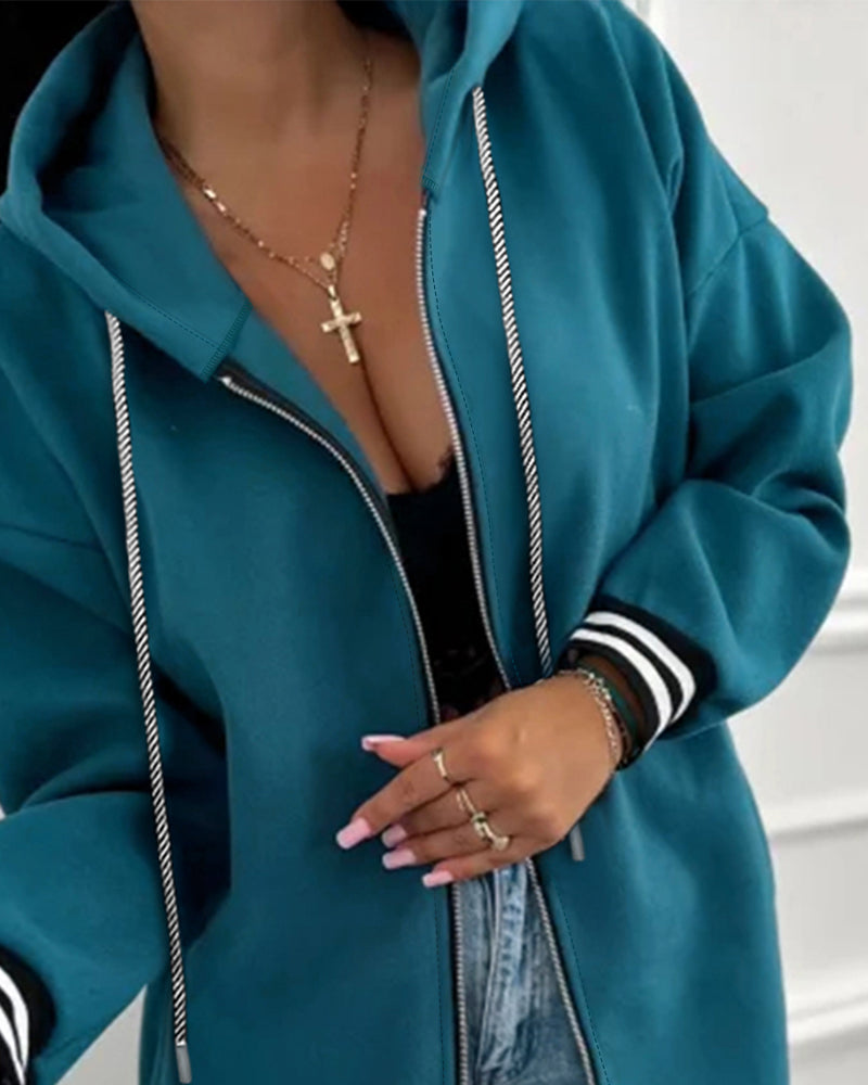 Striped Cuffs Pockets Design Zipper Front Drawstring Hoodie Jacket Casual Drop Shoulder Asymmetrical Hem Mid-length Coat - Image 6