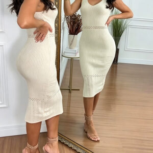 V-Neck Sleeveless Hollow-out Pattern Spliced Bodycon Dress Backless Side Slit Knit Dress