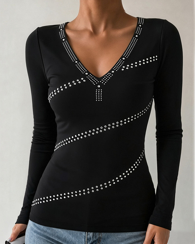 Women's Deep V Neck Rhinestone Top Slim Fit Long Sleeve Ribbed Knit Tee Sparkly Blouse - Image 4
