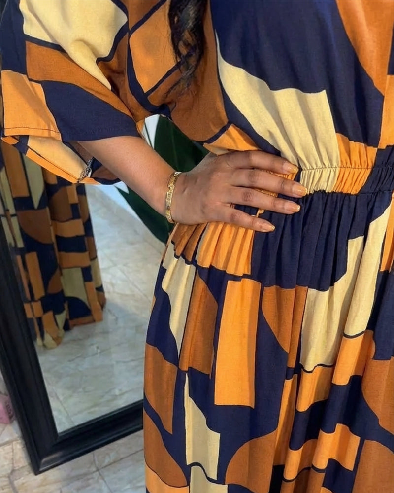 Colorblock Geometric Print V-Neck Batwing Sleeve Ruched Waist Overalls Casual Cinched Waist Wide Leg Jumpsuit - Image 7