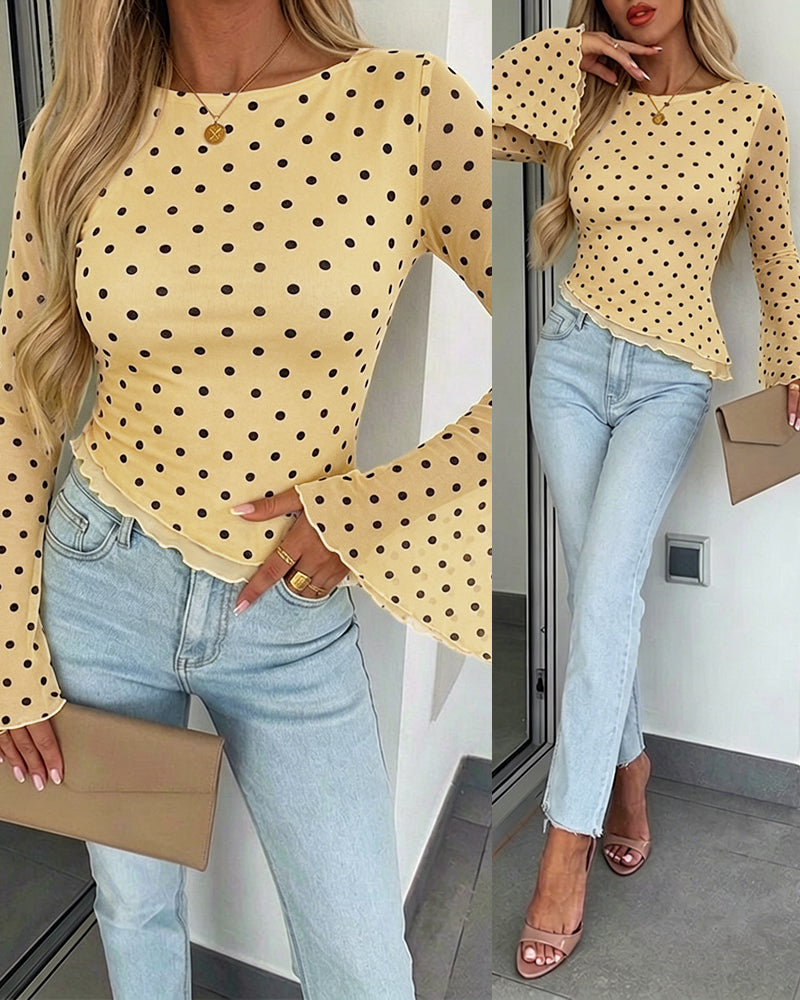 Women's Polka Dot Mesh Top Flare Long Sleeve Boat Neck Lined Asymmetric Frill Hem Blouse Vintage Party Shirt - Image 12