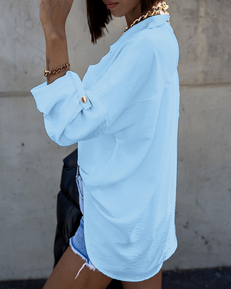 Metal Chain Decor Turn-down Collar Turn-Up Sleeves Front Button Shirt Casual Backless Asymmetrical Hem Top - Image 12