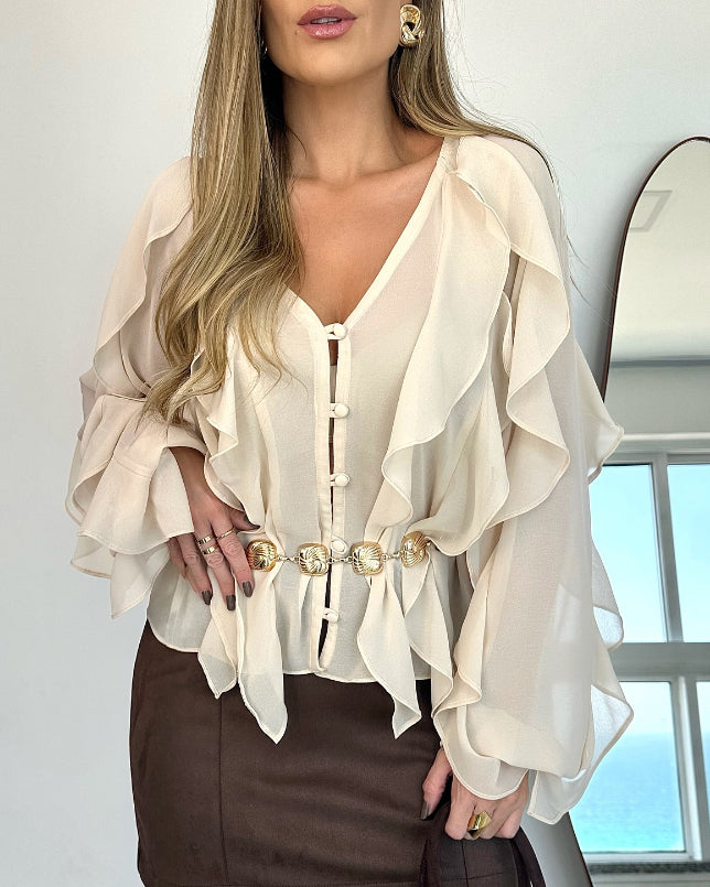 V Neck Shoulder Ruffles Design Blouse Casual Button Front Long Sleeve Top - Image 28