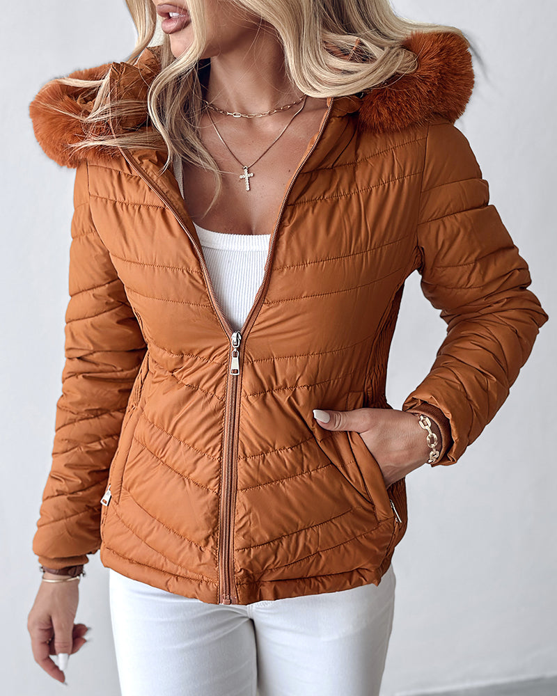 Zipper Pocket Design Shirred Fuzzy Trim Fleece Lined Hooded Puffer Jacket - Image 13