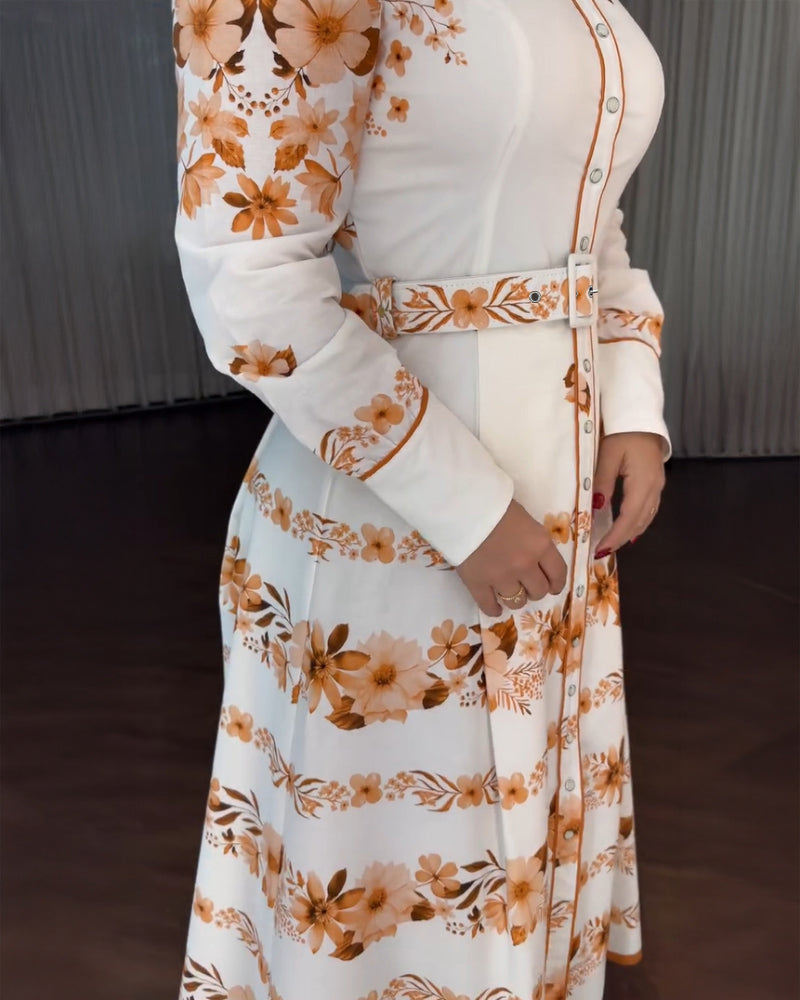 Floral Placement Print Turn-down Collar Puff Sleeve Vacation Dress Casual Button Down Shirt Dress With Belt and Lining - Image 4