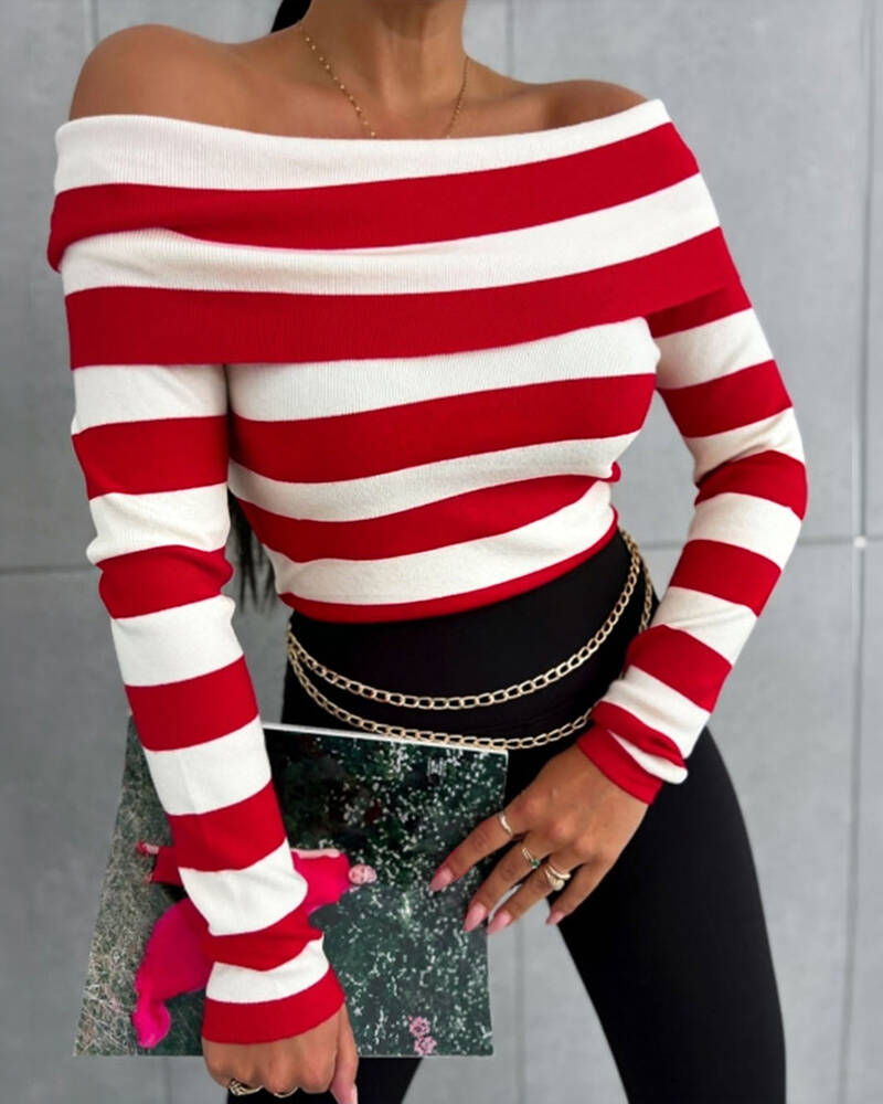 Women's Foldover Off Shoulder Striped Pullover Long Sleeve Slim Fit Knit Top - Image 11