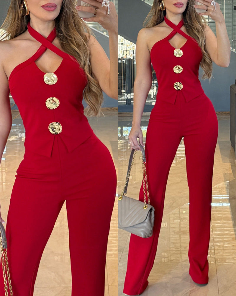 Women's Criss Cross Halter Front Gold Button Flare Jumpsuit Elegant Evening Overalls - Image 3