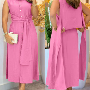 Turn-down Collar Sleeveless Button Front Shirt Dress Casual Open Back Tied Detail Commuting Dress