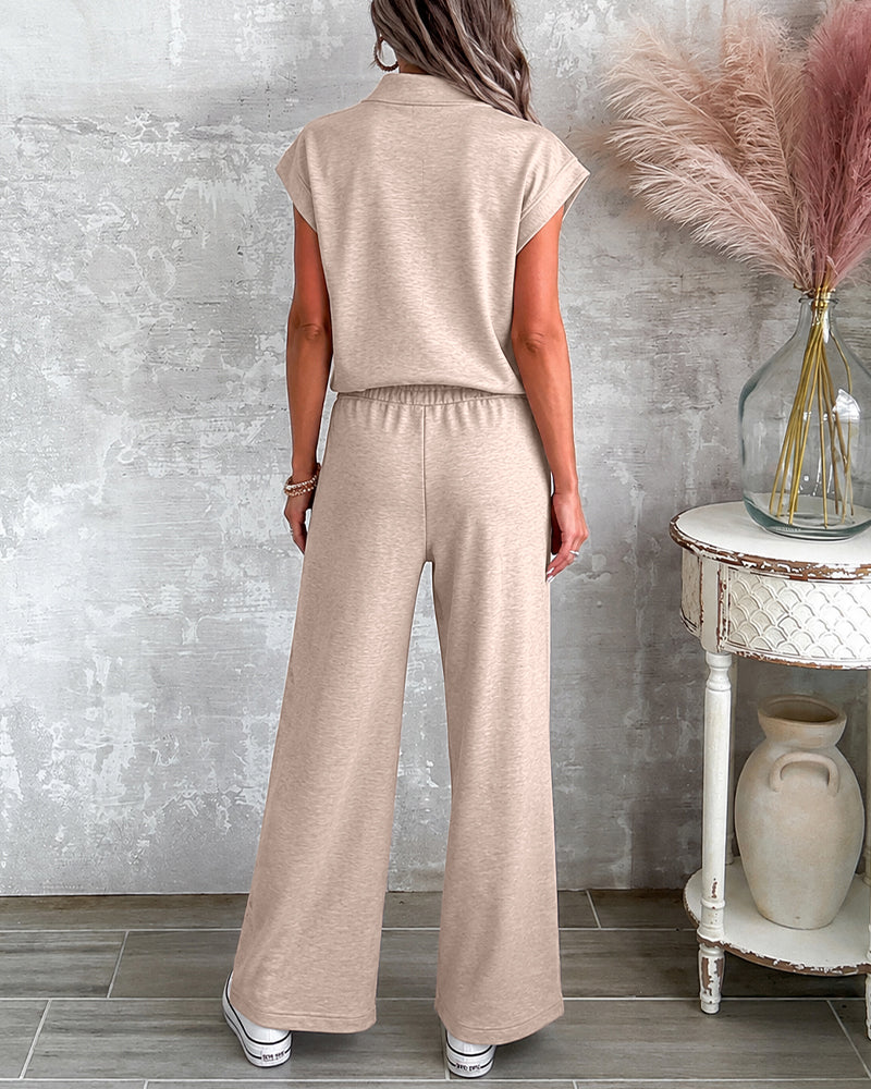 Women's 2 Piece Set Half Zip Cap Sleeve Top and Drawstring Straight Leg Pants Casual Loungewear - Image 2
