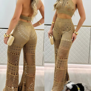 2 Pieces Round Sequin Knitted Halter Sleeveless Crop Top and Casual Strechy Waist Wide Leg Knit Pants Set