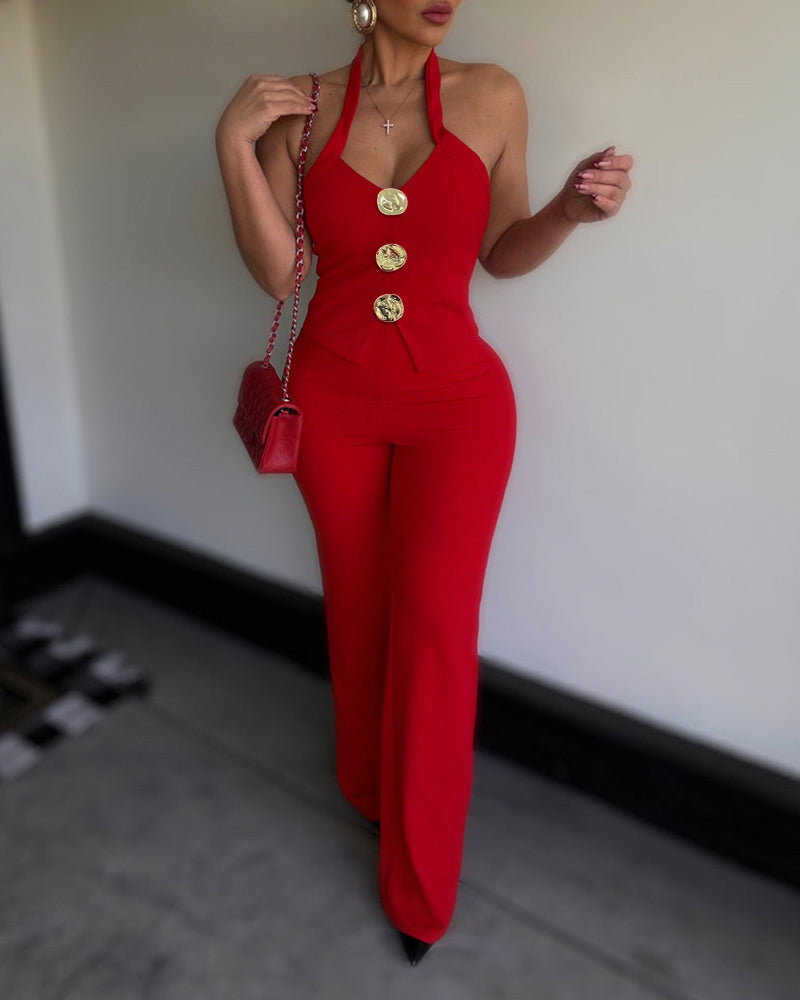 Women's Criss Cross Halter Front Gold Button Flare Jumpsuit Elegant Evening Overalls - Image 5