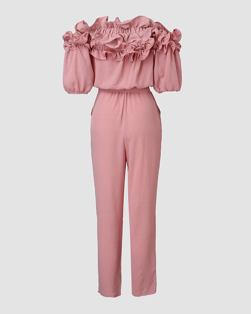 Frill Trim Off Shoulder Short Sleeve Tie Waist Overalls Casual Textured Jumpsuit - Image 14