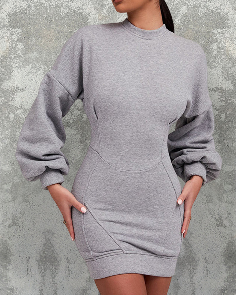 Lantern Sleeve Bodycon Pullover Sweatshirt Dress Crew Neck Mini Dress - Image 4