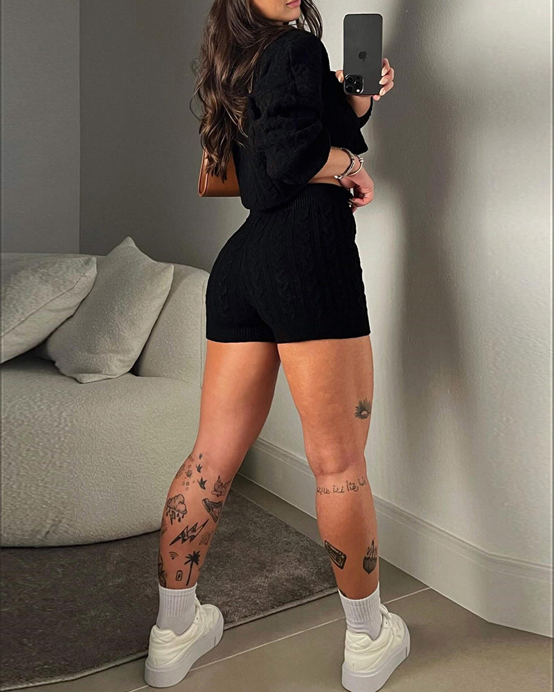 2 Piece Crewneck Long Sleeve Cable Knit Crop Sweater High Waist Shorts Tracksuits Outfits - Image 16