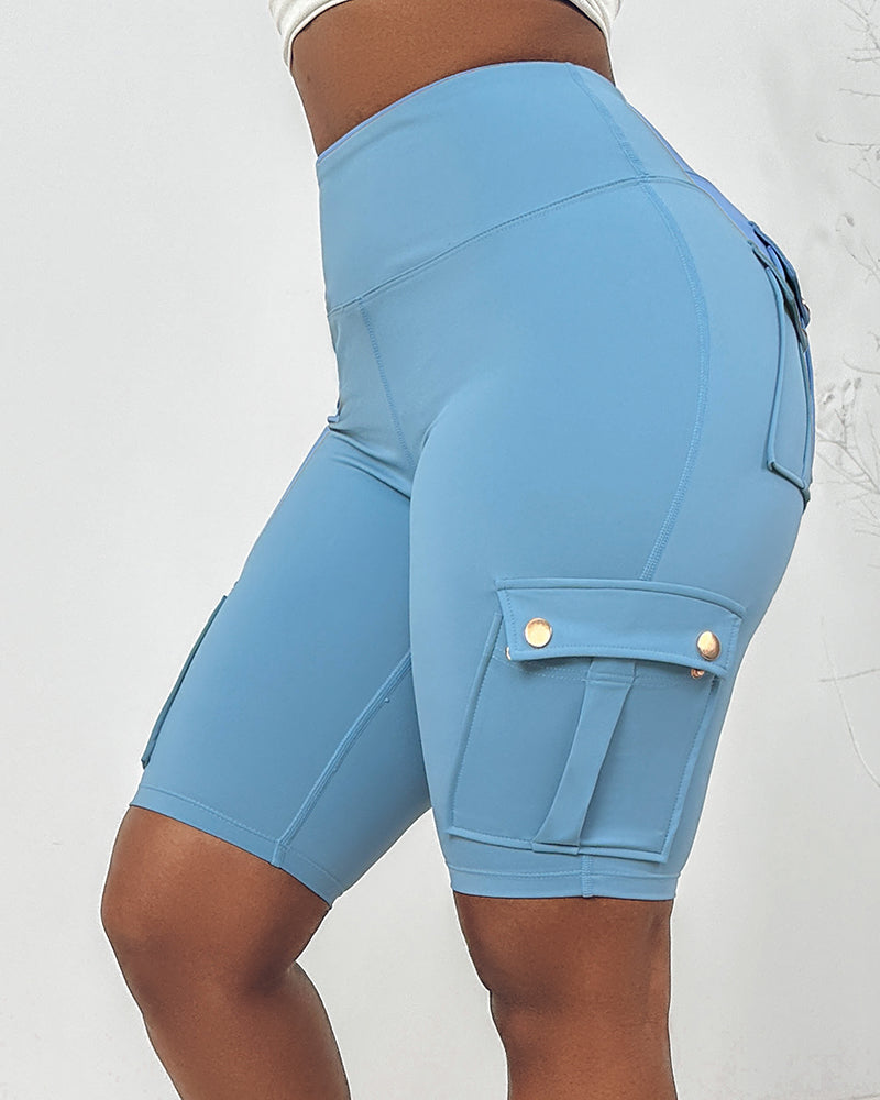 Tummy Control Butt Lifting Active Shorts High Waist Flap Pocket Workout Bermuda Cargo Running Shorts - Image 21
