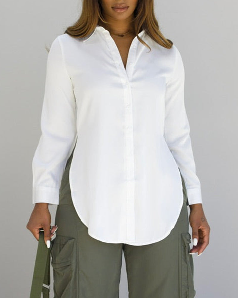 Turn-down Collar Roll Up Sleeve Button Front Shirt Casual Side Slit Curved Hem Top - Image 3