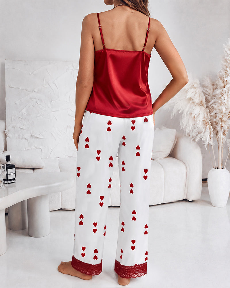 Women's Lace Trim Satin Pajama Set V Neck Cami Top and Heart Print Straight Leg Pants Casual Sleepwear Loungewear - Image 2