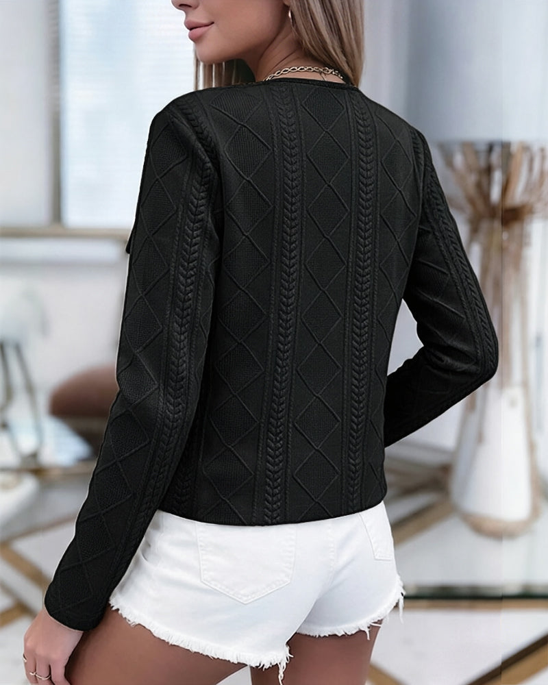 Women's French Style Cropped Jacket Round Neck Gold Button Coat Argyle Cable Jacquard Knit Outerwear - Image 12
