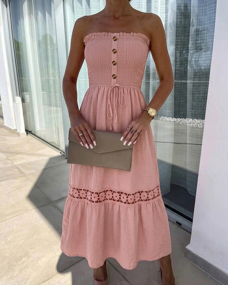 Women's Strapless Shirred Maxi Dress Lace Splice Tied Detail Frill Trim Sundress with Detachable Clear Straps - Image 5