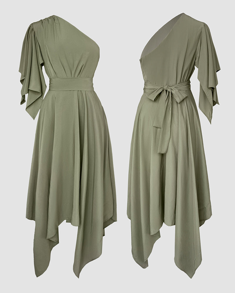 One Shoulder Asymmetrical Sleeve Bow Tie Party Dress Casual Zipper Side Cinched Waist Asymmetrical Hem Maxi Dress With Belt - Image 5
