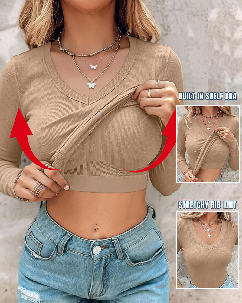 Women's V Neck Long Sleeve Ribbed Knit Top Slim Fit Base Layer Shirt Soft Stretchy Casual Tee with Built-in Bra - Image 29