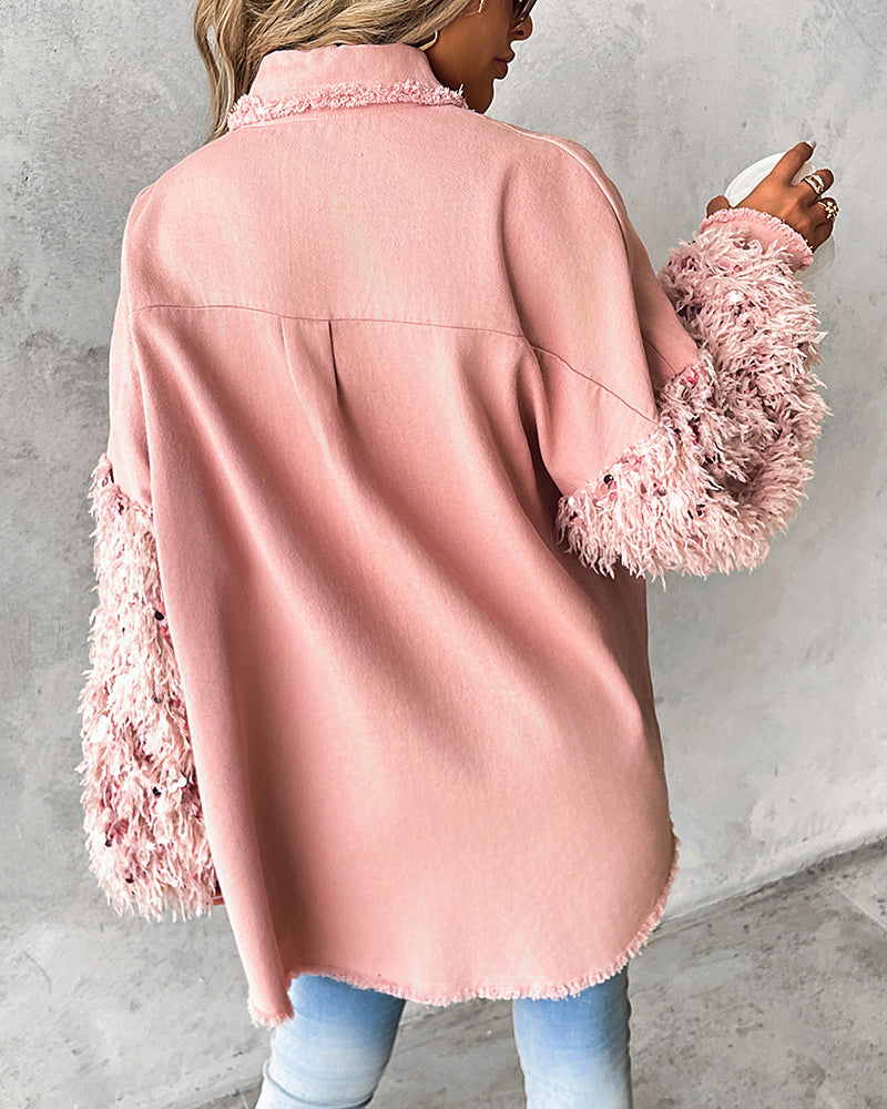 Sequin Decor Turn-down Collar Button Front Pockets Design Denim Coat Casual Fuzzy Spliced Raw Trim Shacket - Image 2